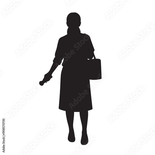 Silhouette of a woman holding a microphone and a bag