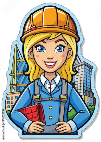 Smiling female engineer in construction uniform with cityscape background