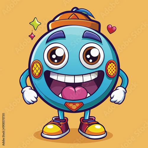 Smiling cartoon character wearing a hat and shoes