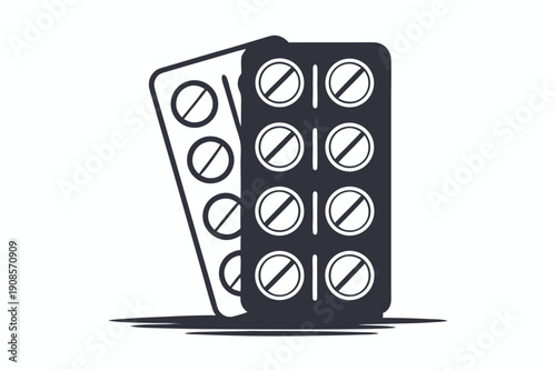 Blister Pack of Pills, Medication Icon, Black and White Remedy, Treatment, Capsules