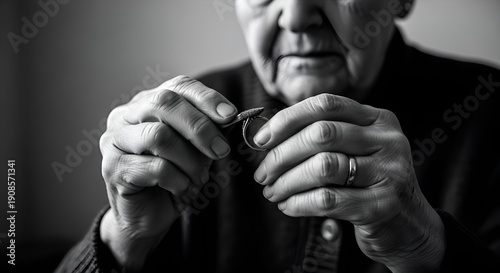 Close-up Black and White Photo of Elderly Mans Hands Mending.