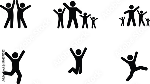 Happy people icons illustration showing family adults children jumping celebrating joy energy freedom fun movement success positivity lifestyle community happiness