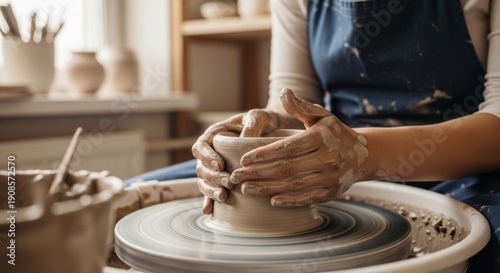 Female potter shaping wet clay on a pottery wheel in a creative workshop,