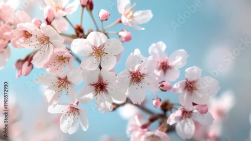 Blooming cherry blossoms in a bright sky during springtime in the park