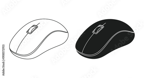 A comparative view of a computer mouse depicted in both line art and solid black silhouette high quality professional detailed modern