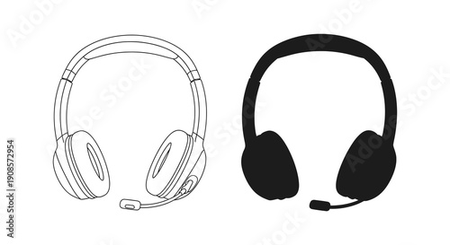 Two depictions of over ear headphones are shown one line art and one solid black silhouette high quality professional detailed modern elegant