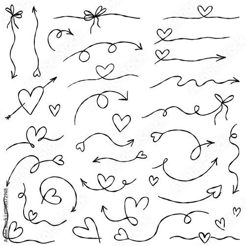 Hand drawn decorative arrows, hearts and swirl lines. Cute doodle elements for romantic design, invitations, social media, stickers and branding.