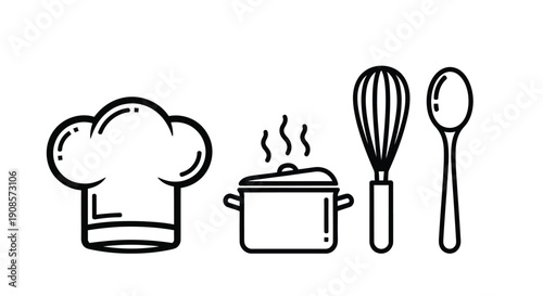 Culinary icons a chef s hat whisk pot and spoon in black and white