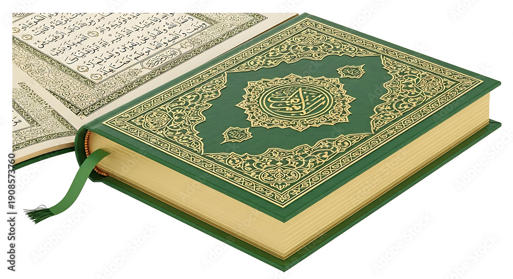 Fototapeta premium Elegant green Holy Quran with gold ornate cover and embossed Arabic script, open to show pages, isolated.