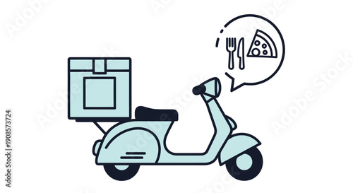 Delivery scooter with food icons in a speech bubble simple line art style