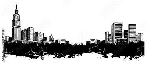 Detailed hand drawn black and white vector illustration of a city skyline above a cracked ground