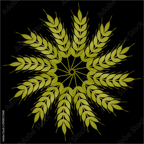 Golden wheat fronds radiate from darkness, forming a celestial harvest mandala symbolizing abundance, rhythm, resilience, seasonal cycles, and grounded elegance.