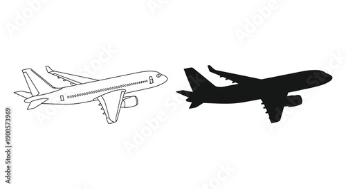 A comparison is shown between a detailed line drawing of an airplane and its solid black silhouette high quality professional modern