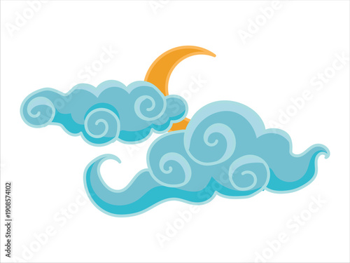 Tibetan sky. Blue Asian cloud with moon, sun and stars. Japanese Korean Chinese cloud style. Asian traditional ornaments. Border pattern. Vector illustration