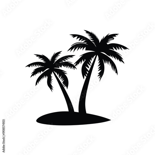 Black Silhouette of Tropical Palm Trees on Island, Isolated on White Background. 87 char