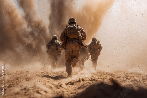 Fotografia Soldiers running through a sandstorm in a desert environment with dust swirling