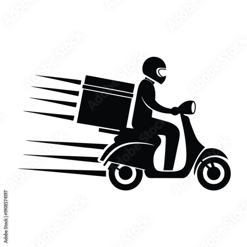 Motorcycle Silhouette Speedy Scooter, Box Carrier, Helmeted Rider, Motion Trail, Black Icon