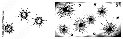 Hand drawn bullet holes in glass with cracks and shattered surface texture