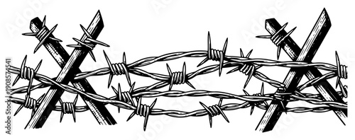 Hand drawn black and white vector illustration of sharp barbed wire fence on wooden posts