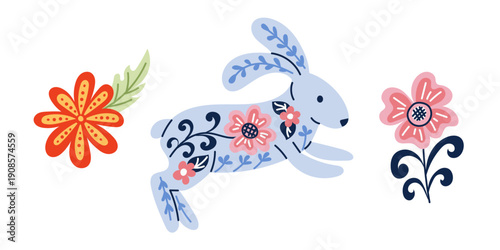 Folk style easter illustration with jumping rabbit decorated with floral ornaments and simple flowers isolated on white background. Concept of spring celebration, traditional folk art, easter symbol