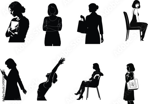 Silhouette illustrations of women in various poses and activities