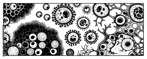 Detailed hand drawn vector illustration of various viruses and bacteria in a microscopic view