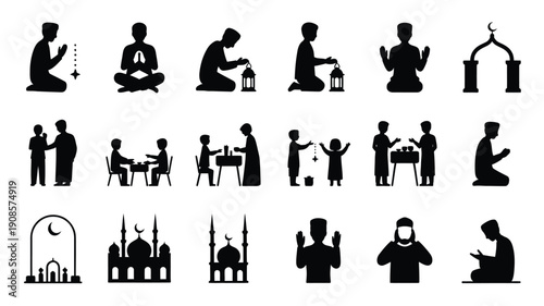 Ramadan human silhouette icons set with people praying reciting Quran greeting and Islamic activities