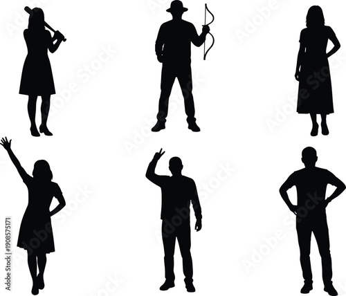 People silhouette set showing men and women standing with casual poses and gestures isolated on white background vector illustration collection for design projects