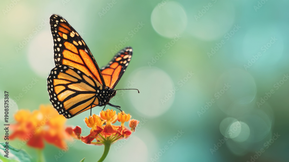 Obraz premium Monarch butterfly perching on vibrant orange flower against soft green bokeh background, celebrating nature and freedom