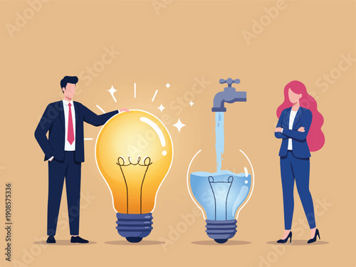 Businessman and businesswoman standing next to lightbulbs with creative idea and water flowing out  innovation and inspiration concept