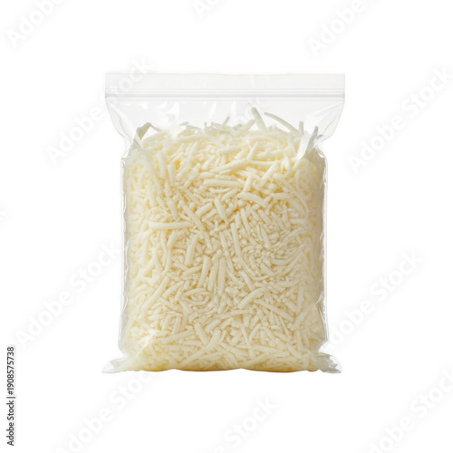 A clear plastic bag filled with shredded white cheese on a white background.