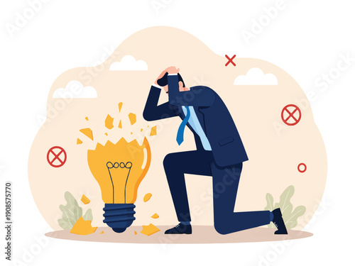 Businessman in suit kneeling next to exploding lightbulb with clouds and symbols around him