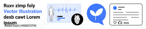 Healthcare, environment, social networking, technology, cardiology, awareness. Cardiac monitor, leaf icon and social media post. Healthcare and environment
