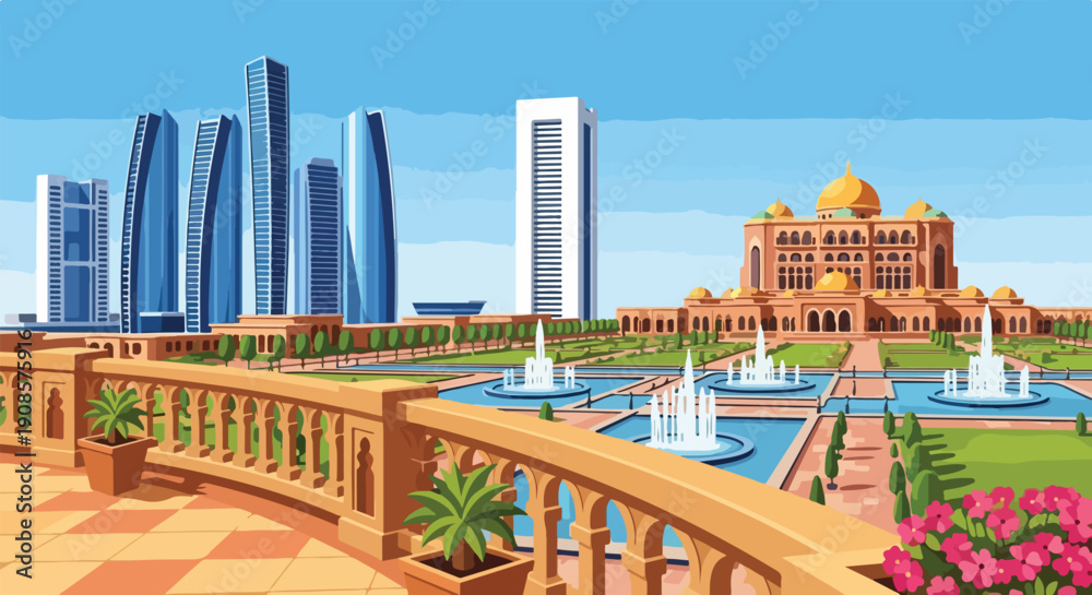 Fototapeta premium A vibrant cityscape with modern skyscrapers and a historic building in the background, featuring a decorative fountain and garden, with a wooden railing in the foreground, set against a clear blue