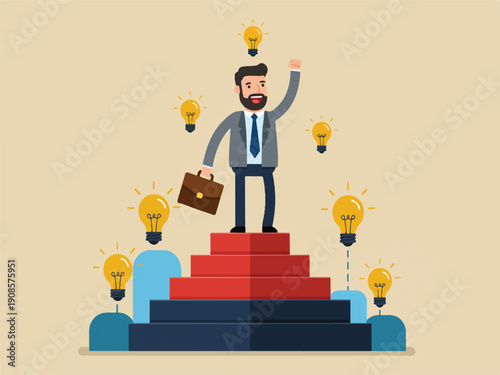 Businessman standing on top of stairs with briefcase and lightbulbs around him feeling successful and confident  business concept