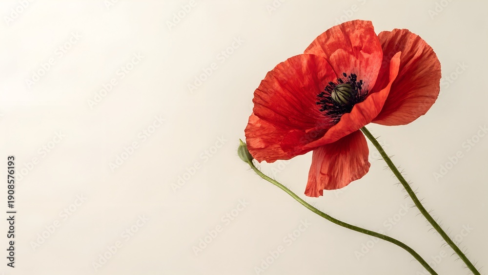 Obraz premium Single red poppy flower with delicate petals and long green stem photographed on a soft neutral background. Minimal botanical composition with elegant lighting and natural beauty.