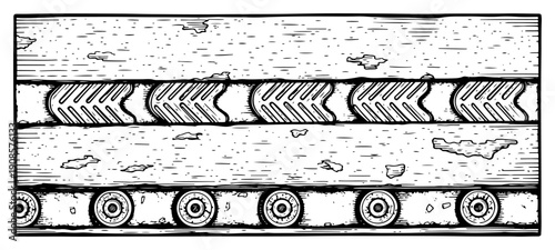 Industrial conveyor belt with rollers in a vintage grungy linework style