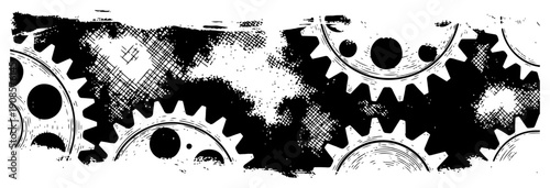 Industrial mechanical gears on a grungy distressed background banner