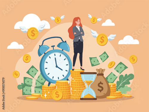 Businesswoman standing on coins with clock and money flying around her in cartoon style  financial success and time management concept