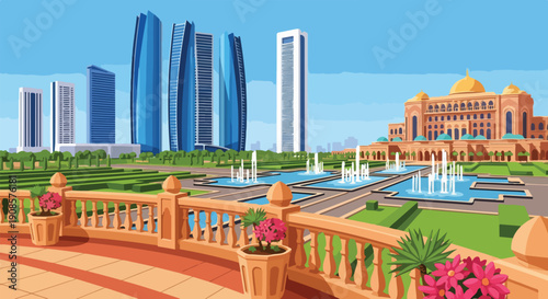 Illustration of a modern cityscape with a mosque, fountains, and a walkway, conveying a sense of serenity during Ramadan Kareem.