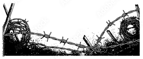 Barbed wire fence with coils and wooden posts in vintage engraving style