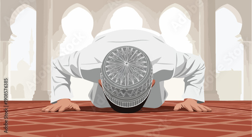 Man in white attire praying on a red carpet in a mosque with arched windows, Ramadan Kareem.