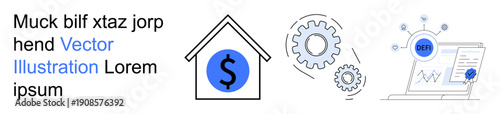 Financial technology, data analysis, automation, fintech tools, home budgeting, digital trends. House with dollar sign, gears and CPU on computer screen. Financial technology and data analysis