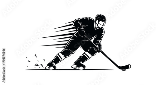 Dynamic Ice Hockey Player Skating and Hitting Puck with Speed Lines, Isolated White Background