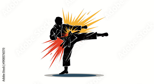 Powerful Martial Artist Performing High Kick with Dynamic Explosion Effect, Isolated White Background