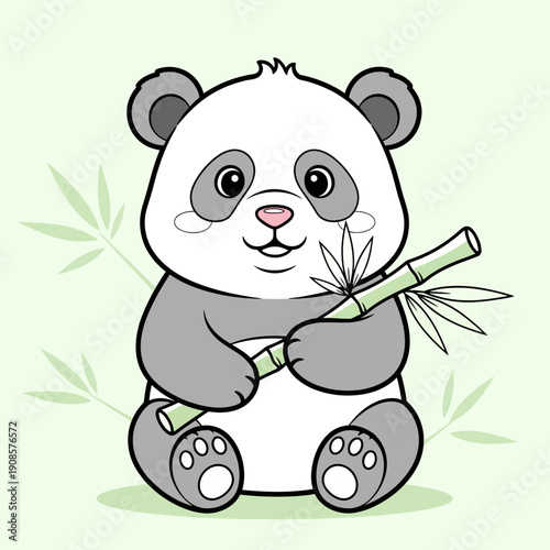 A cute cartoon baby panda sitting and happily holding a green bamboo stalk with leaves.