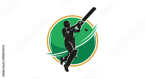 Focused Cricket Batsman Hitting Ball in Green Circular Emblem, Isolated White Background