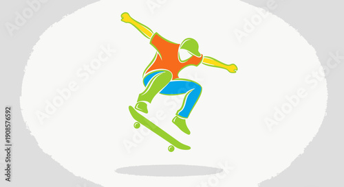 Skateboarder performing trick in mid-air on isolated white background, dynamic colored illustration