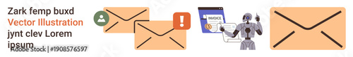 Technology, cybersecurity, digital applications, communication, AI integration, data protection. Envelopes, alert icons robot and inbox. Cybersecurity and communication