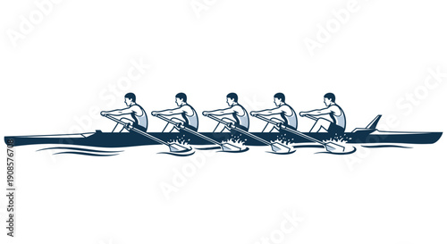 Synchronized Team of Rowers in a Boat on Water, Competing in a Rowing Race, Isolated White Background